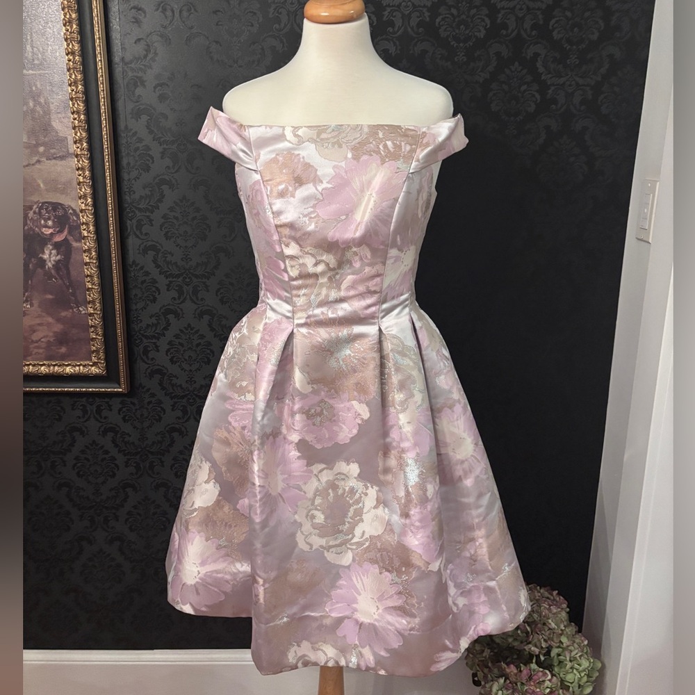 Carmen Marc Valvo off the shoulder Floral Dress in pale pink/cream/champagne